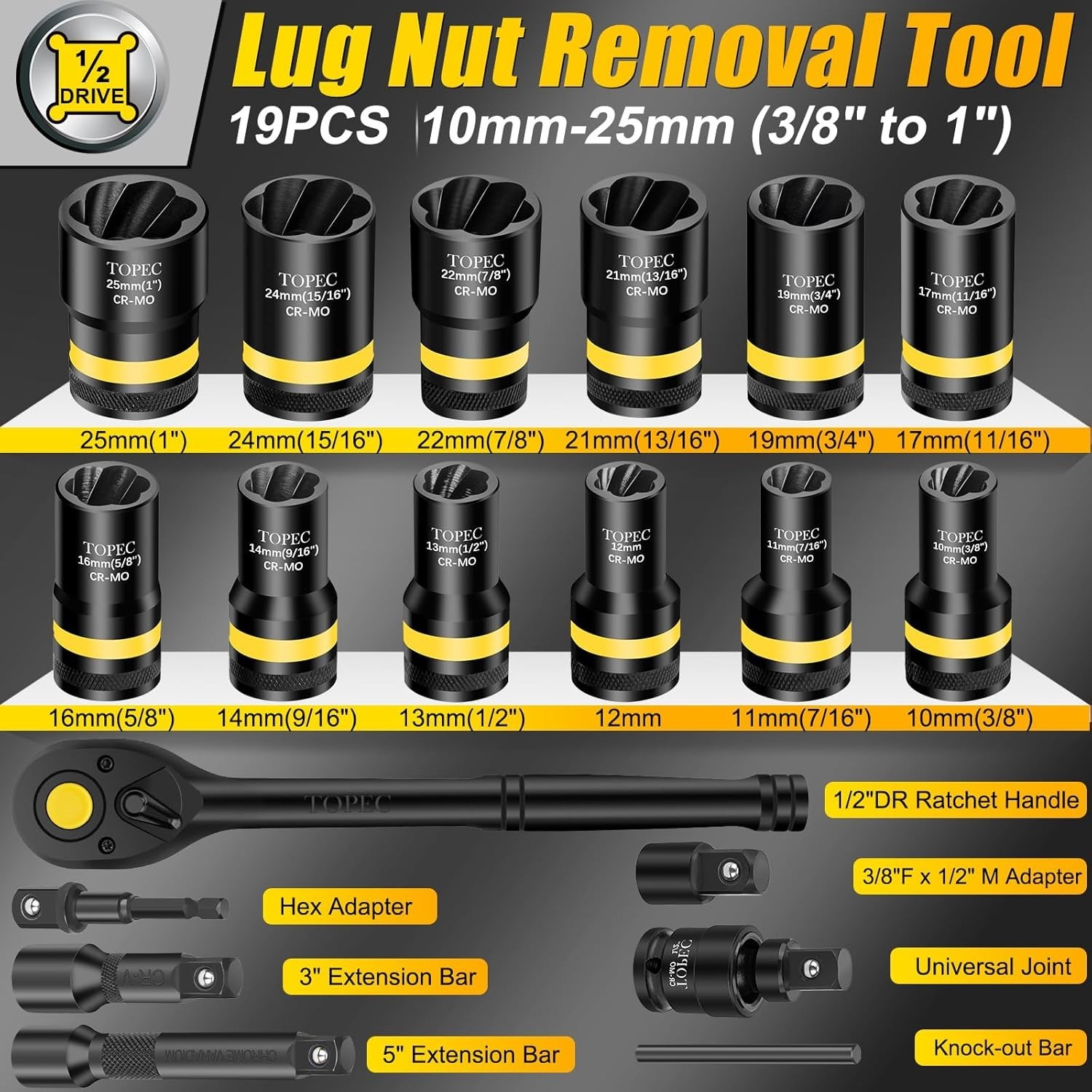 Efficient 19-Piece Lug Nut Extraction Kit – Corrosion-Resistant Steel Tools