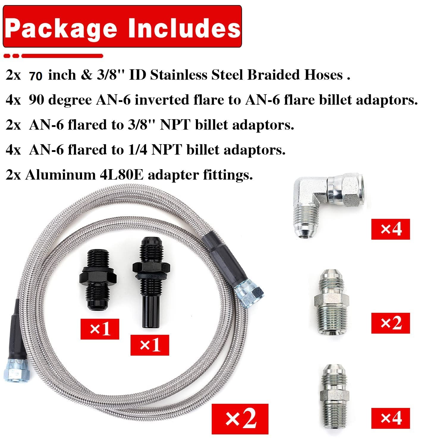 6AN 70″ Transmission Cooler Hose Kit Lines Fitting for 70 inches, Style 2
