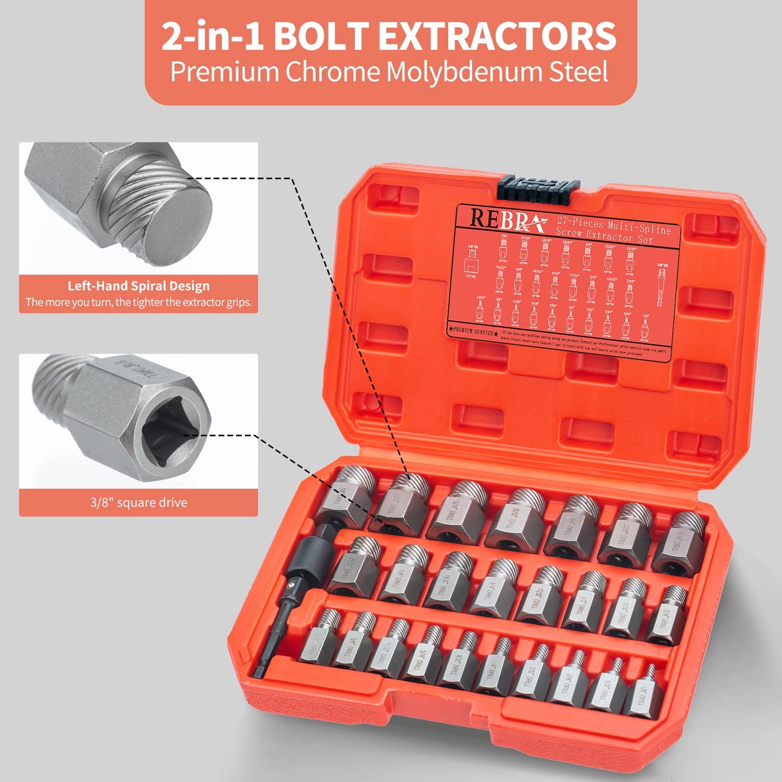 REBRA 27-Pieces Screw Extractor Set, 3/8″ Inch Impact Double Head 27-pieces