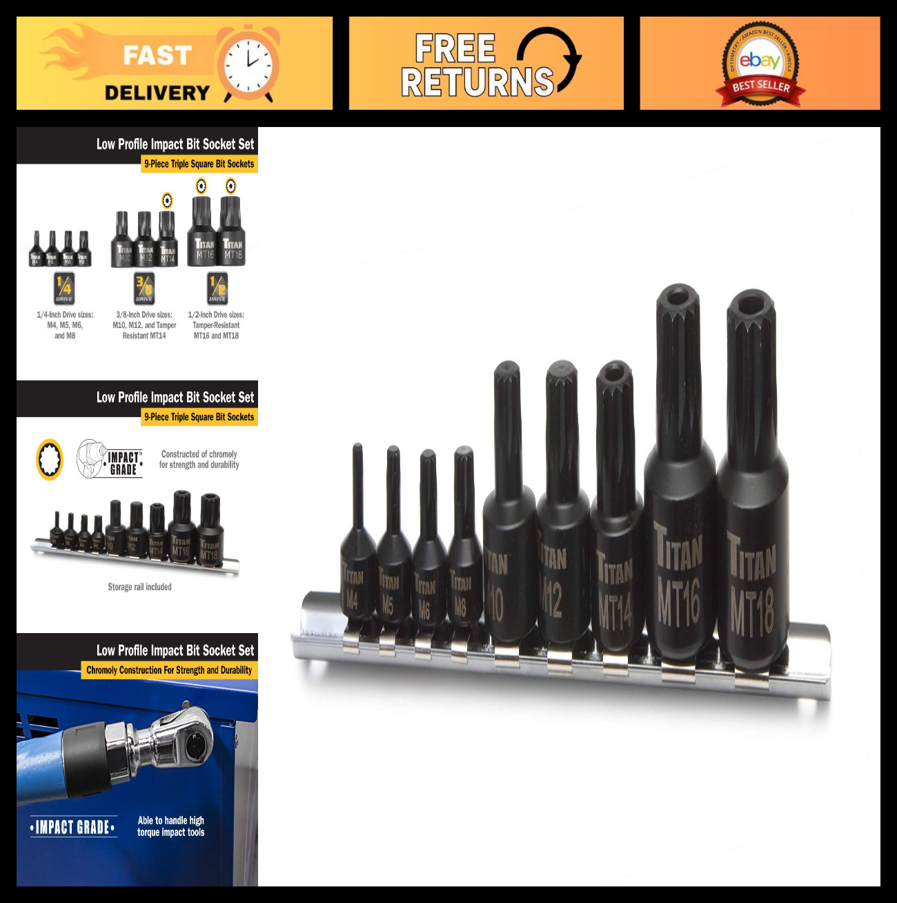 9-Piece Low Profile Impact Triple Square Bit Socket Set – Durable & Versatile To