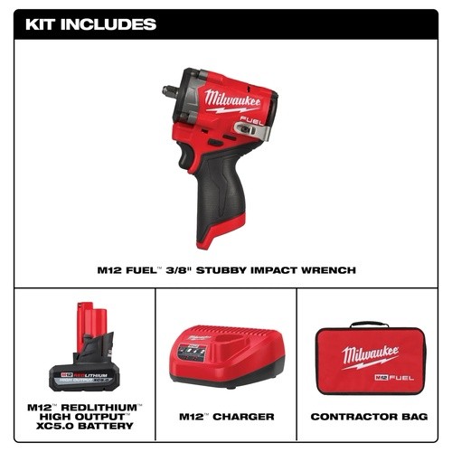 Milwaukee 2562-21 M12 FUEL Stubby 3/8″ Impact Wrench Kit, 550 Foot-Pounds