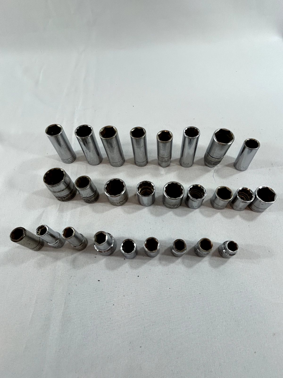 Lot of S-K Sockets – 29 Pieces – All different types 26 3/8 Drive- 1/2 Drive