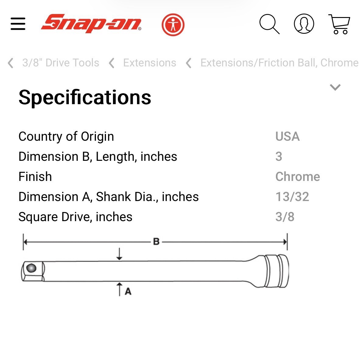 Snap On 3/8″ Drive 3″ Knurled Friction Ball Extension