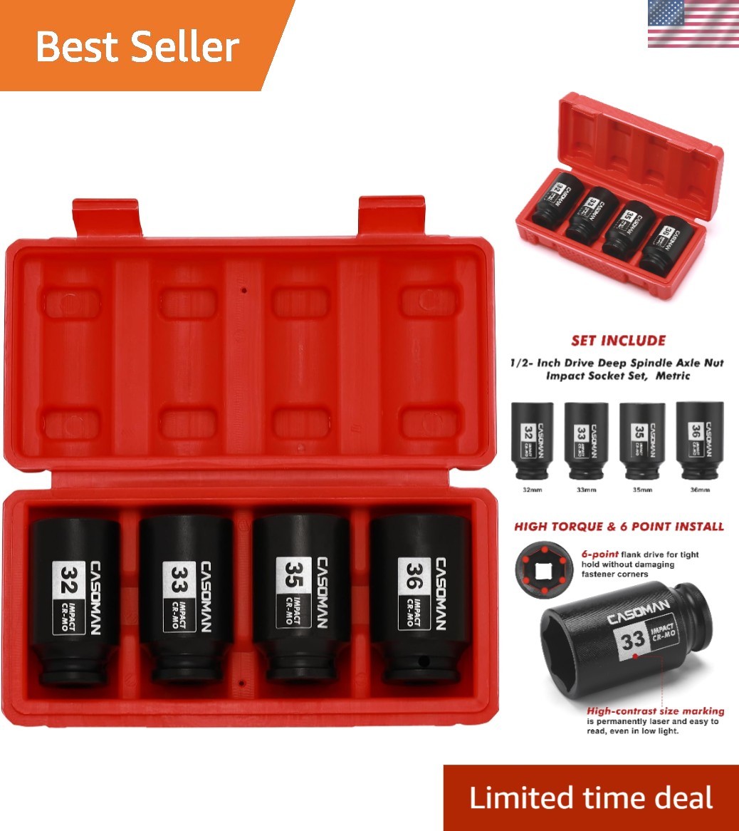 1/2» Drive Deep Spindle Axle Nut Impact Socket Set, 6 Point, CR-MO,32,33,35,…