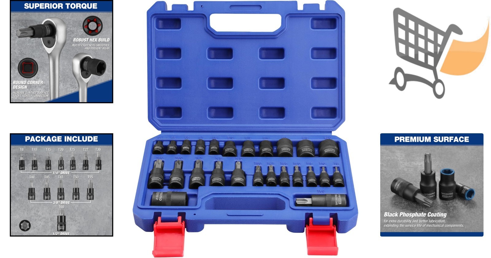 25-Piece Torx Socket Set Alloy Steel 1/4 3/8 1/2 Drive E4-E22 T8-T60 Tools
