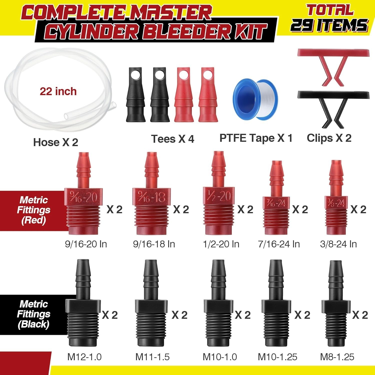 Brake Master Cylinder Bleeder Kit with Clear Hoses Fittings 29 pcs