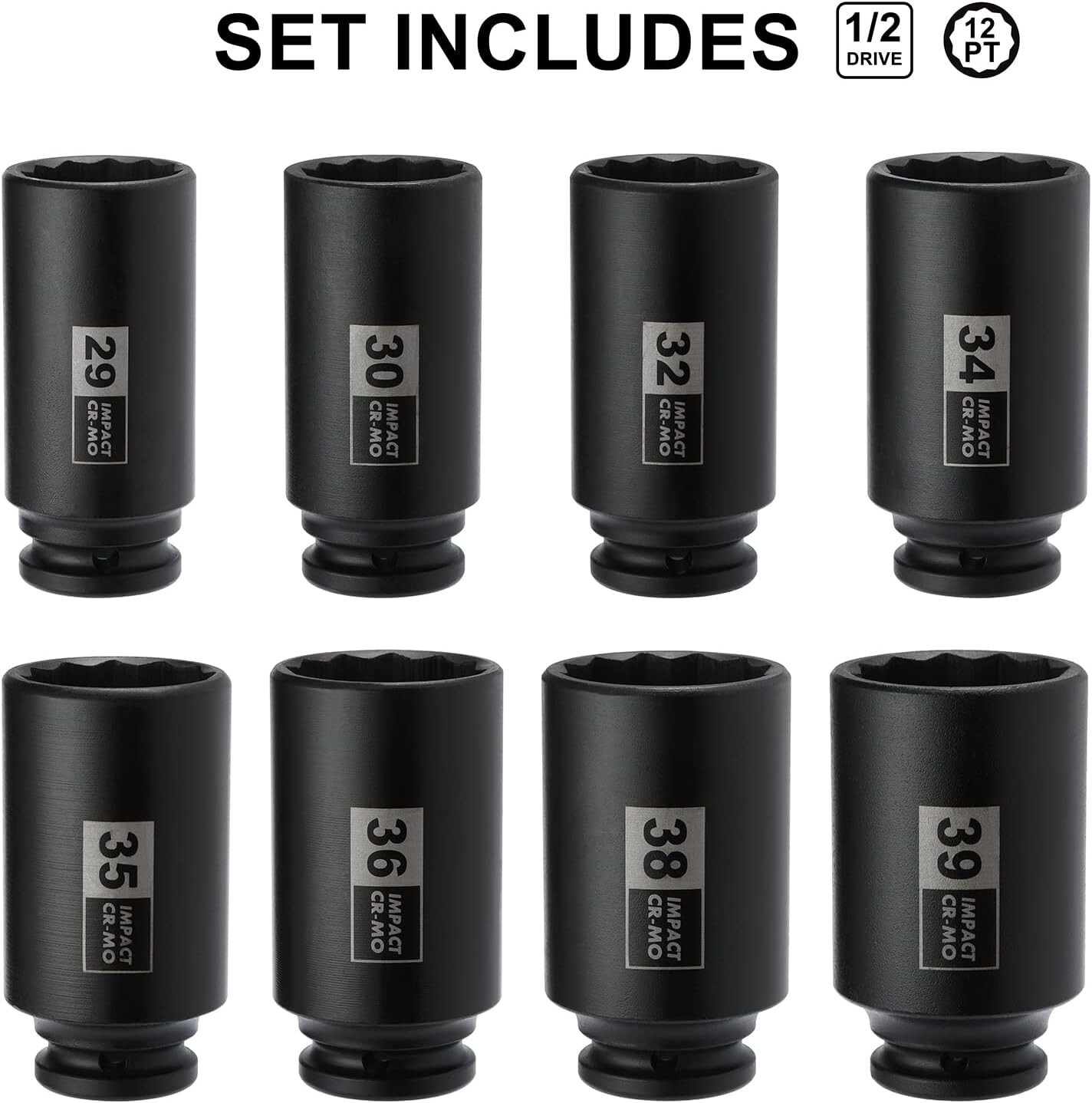 8PCS 1/2″ Deep Axle Nut Impact Socket Set, CR-MO, 12 Point Design, Metric