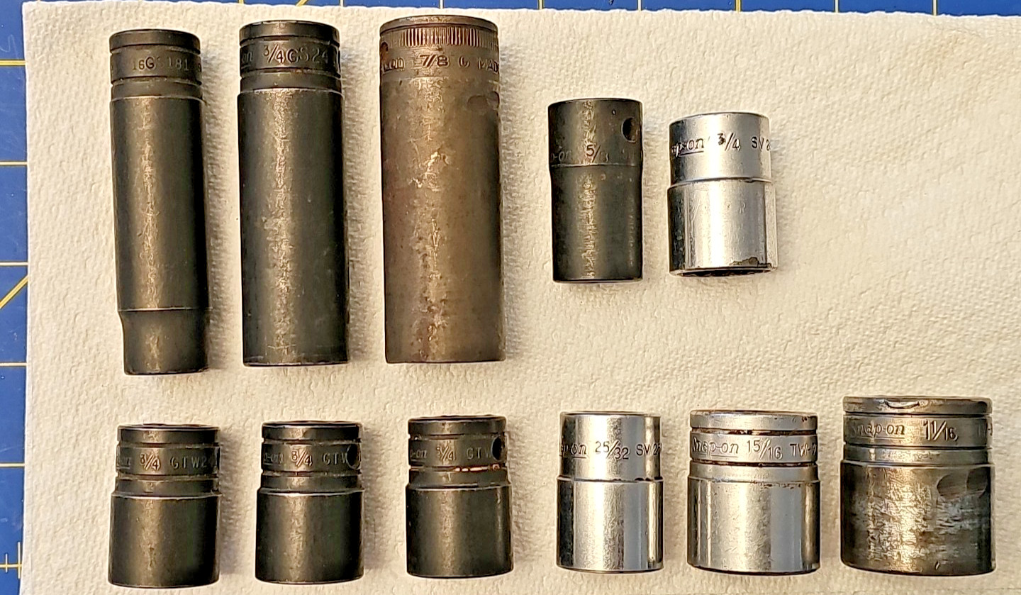 Lot of 11 Snap On 1/2″ Dr SAE Sockets-Deep Shallow 6 & 12 Pt 9/16″ t0 1-1/16″