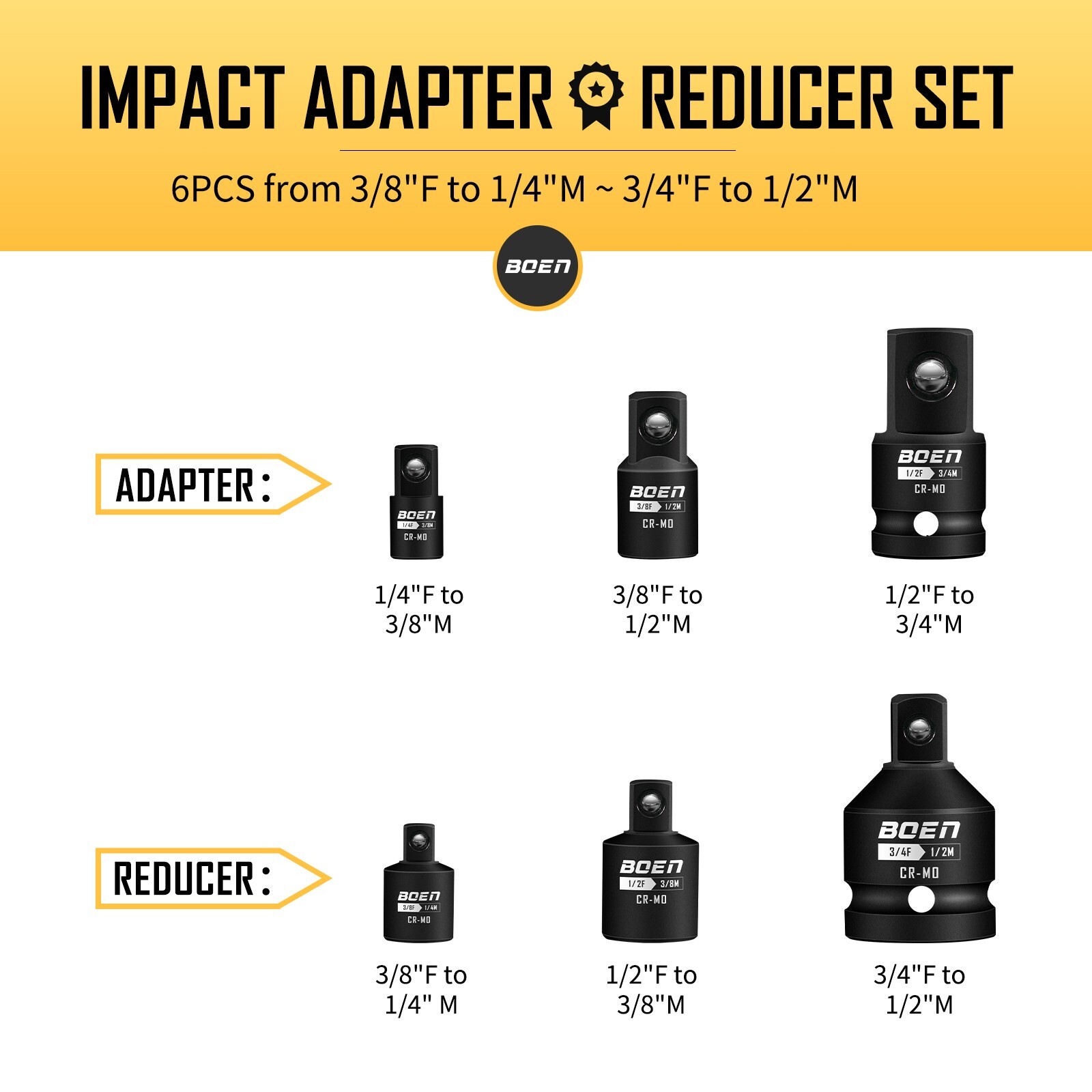 6 Piece Impact Socket Adapter and Reducer Set, 1/4″ 3/8″ 1/2″ 3/4″ Drive Socket