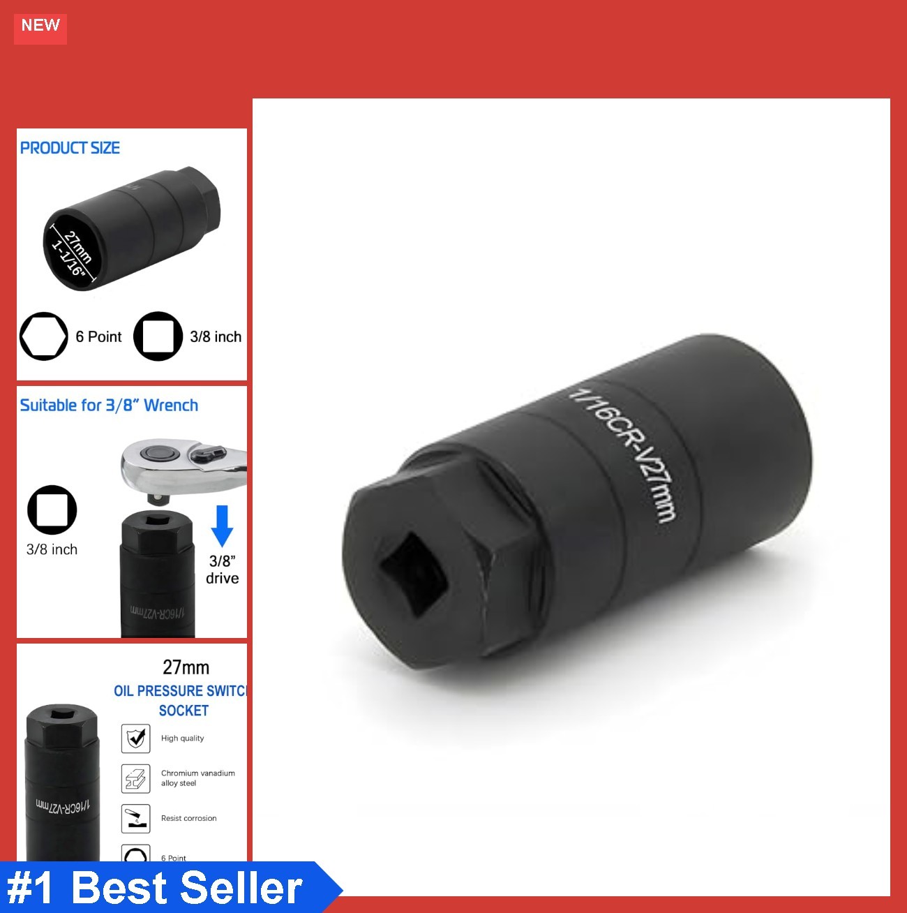 Oil Pressure Switch Socket 1 1/16 x 2 5/8 3/8 Drive Chrome Molybdenum for GM