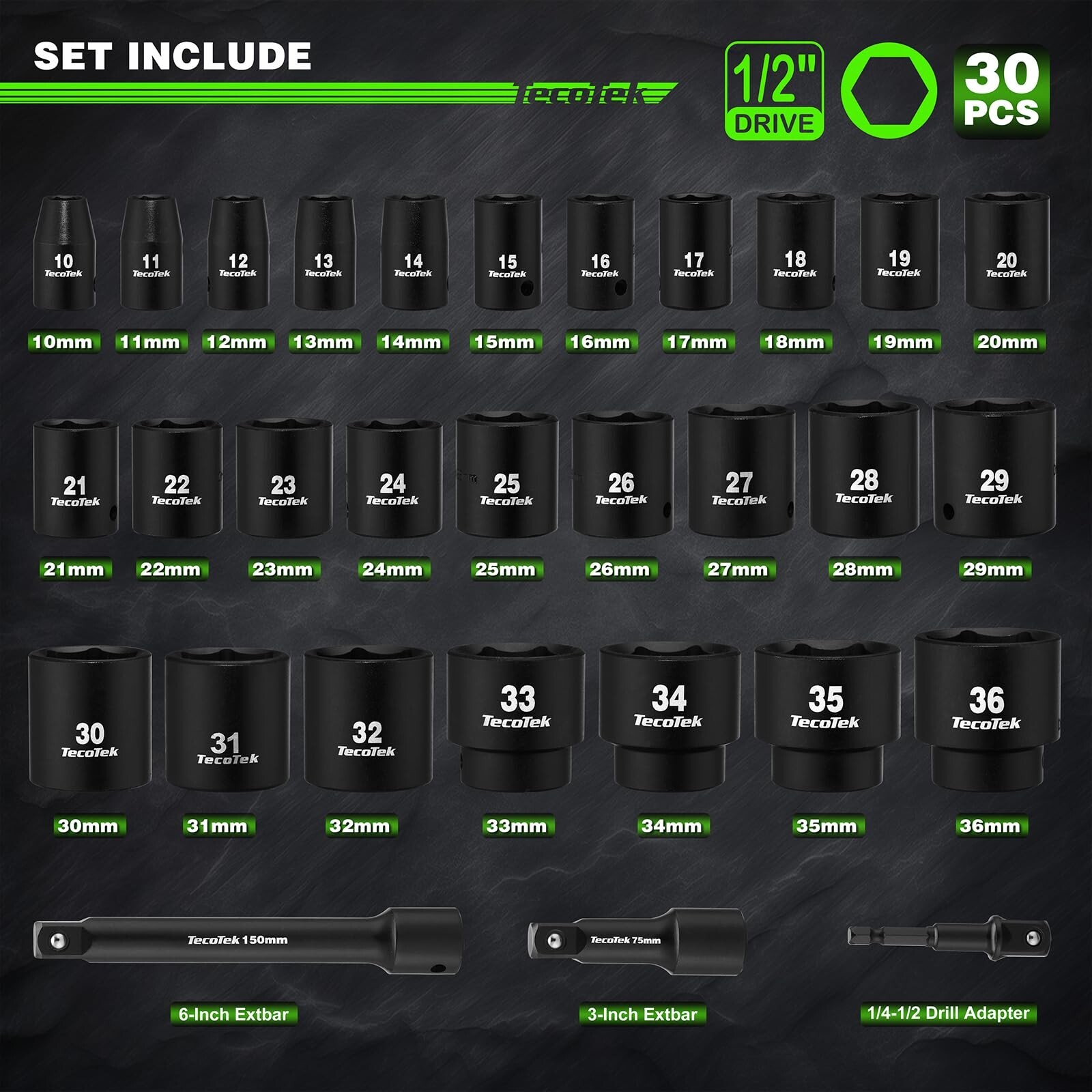 30 Pieces 1/2-Inch Drive Shallow Metric Impact Socket Set, Cr-Mo, 10mm to 36m…