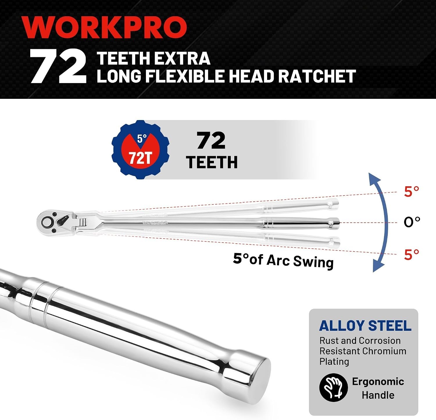 1/4 inch Drive Extra Long Flex Head Ratchet, 12 Inch Long | CR-V Steel Ratche…