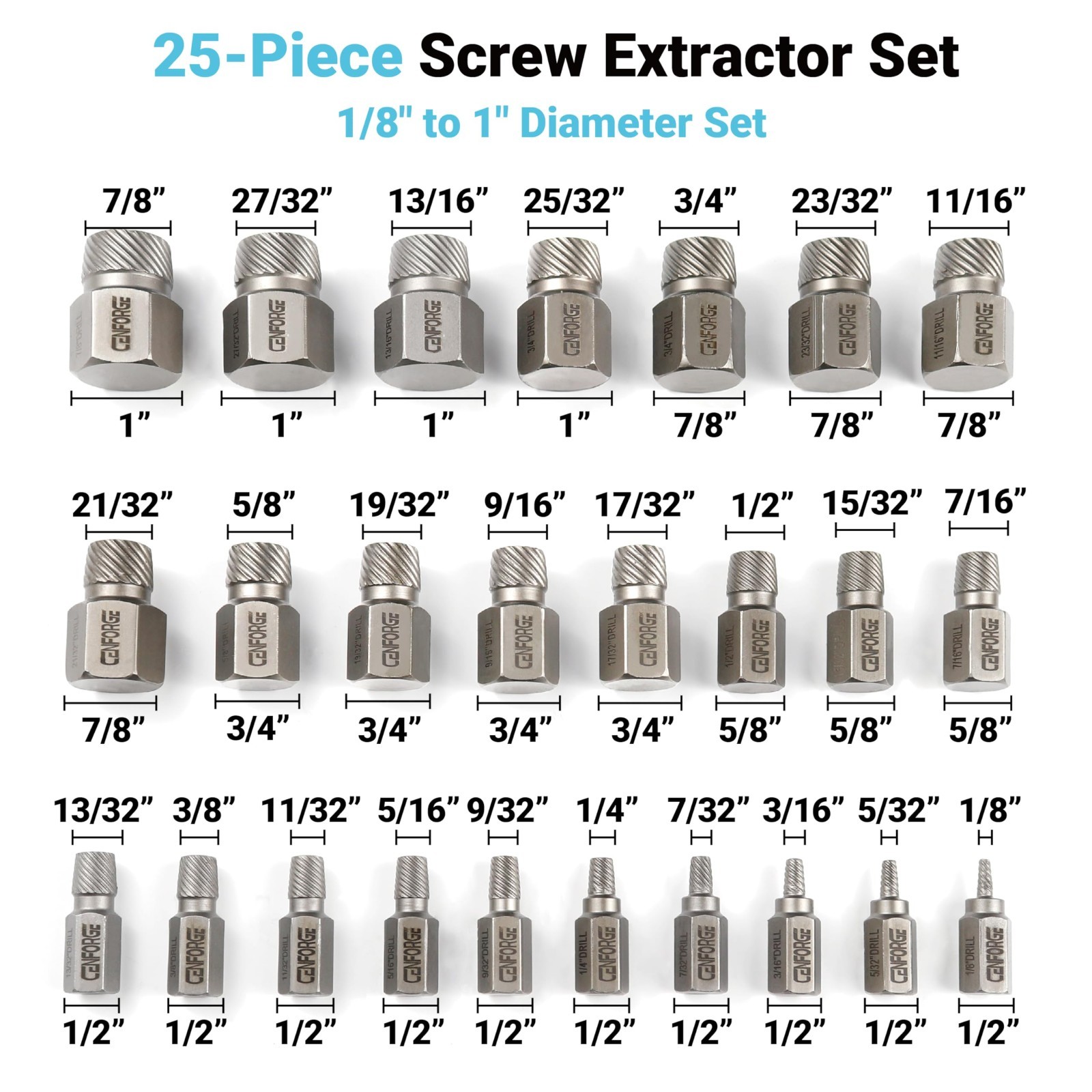 25-Piece Heavy Duty Screw Extractor Set, Hex Head Bolt Remover, Chrome Moly Stee