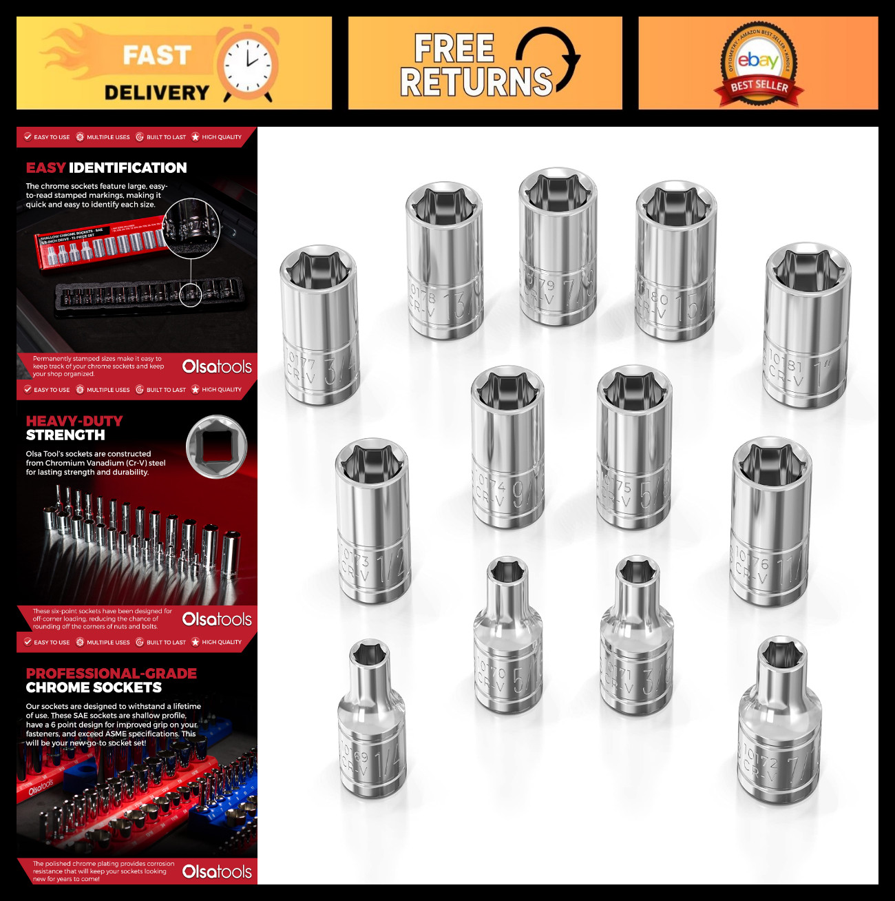 13pc SAE Shallow Socket Set – 3/8″ Drive, 6-Point Chrome Sockets, No Skipped Siz