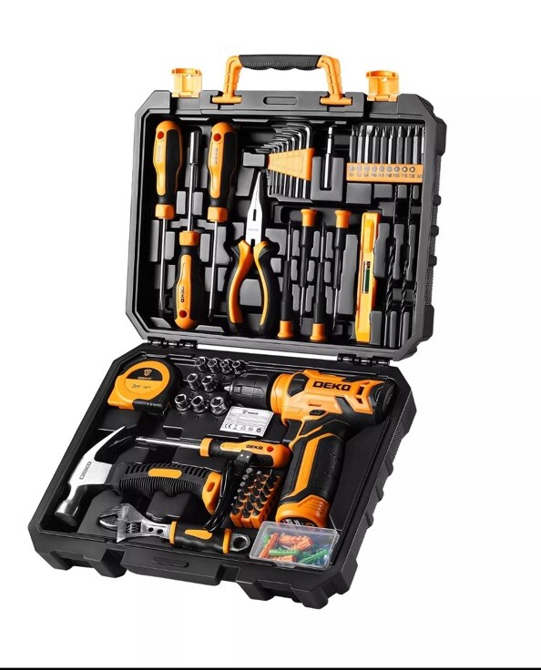 DEKO 126Pcs Hand Tool Kit DIY Household Tool Set 8V Screwdriver Cordless Drill