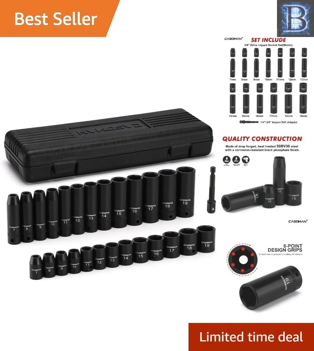 Durable 27-Piece 3/8-Inch Drive Impact Socket Set with Black Phosphate Finish