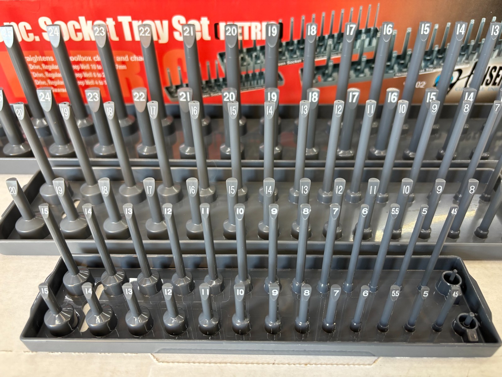 HANSEN 3 PIECE METRIC SOCKET ORGANIZER TRAY RACK HOLDER MM 1/4, 3/8, 1/2” DRIVE