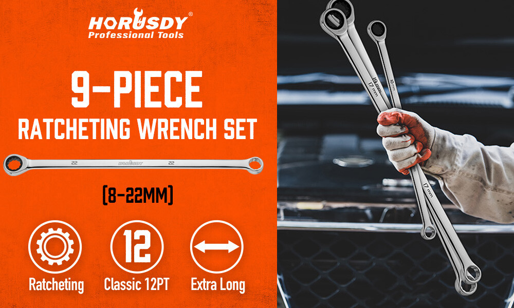 10-Piece Ratcheting Double Box Metric Wrench Gearbox 72 Tooth Extra Long