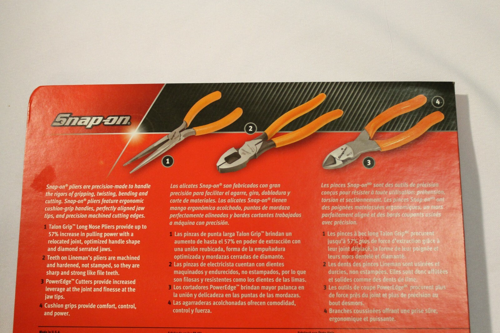 Snap On Orange Pliers 3 PC Set Lineman’s, Cutter, Needle Nose Brand New PLR300