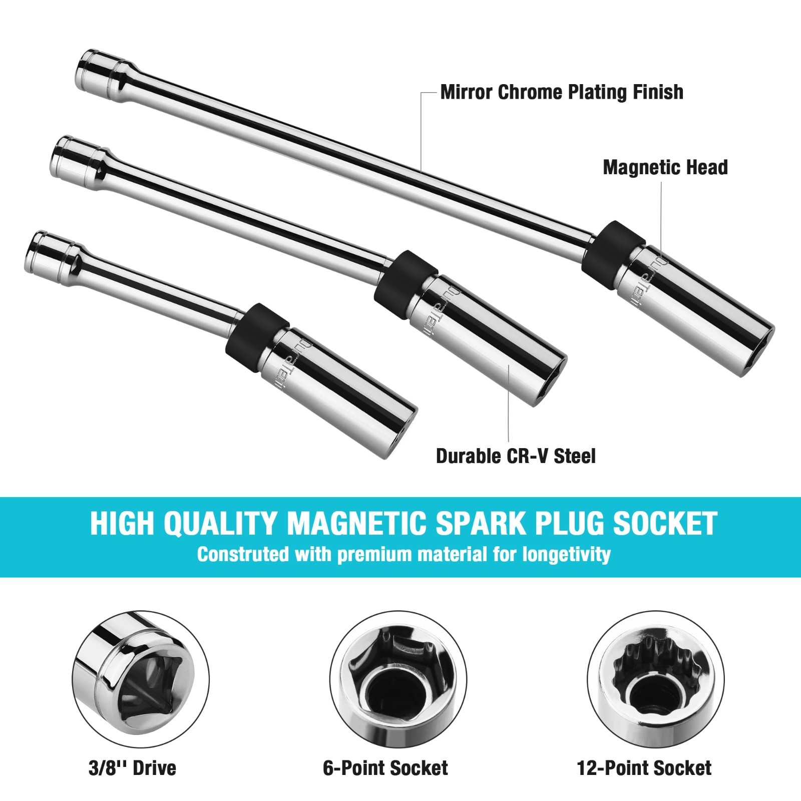 5PCS Swivel Magnetic Spark Plug Socket Set, 3/8″ Drive, Thin Wall, Cr-V Steel