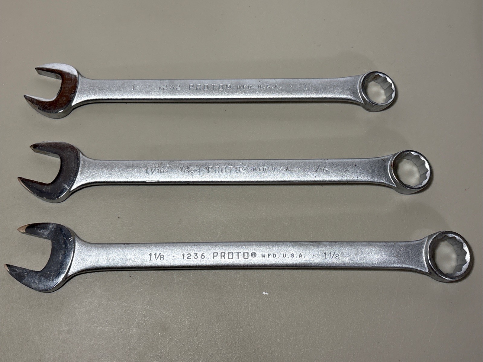 Proto Professional Combination Wrench Set USA 1″ 1232, 1 1/16″ 1234, 1 1/8″ 1236
