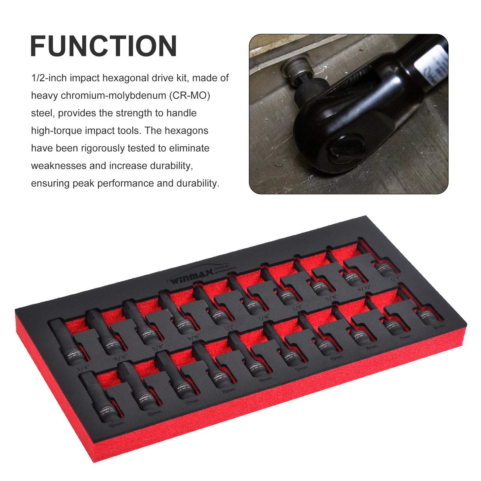 20pcs 1/2″ Dr, Impact Hex Driver Tools Set, 6 Point SAE 1/4″-3/4″ Metric 6-19mm