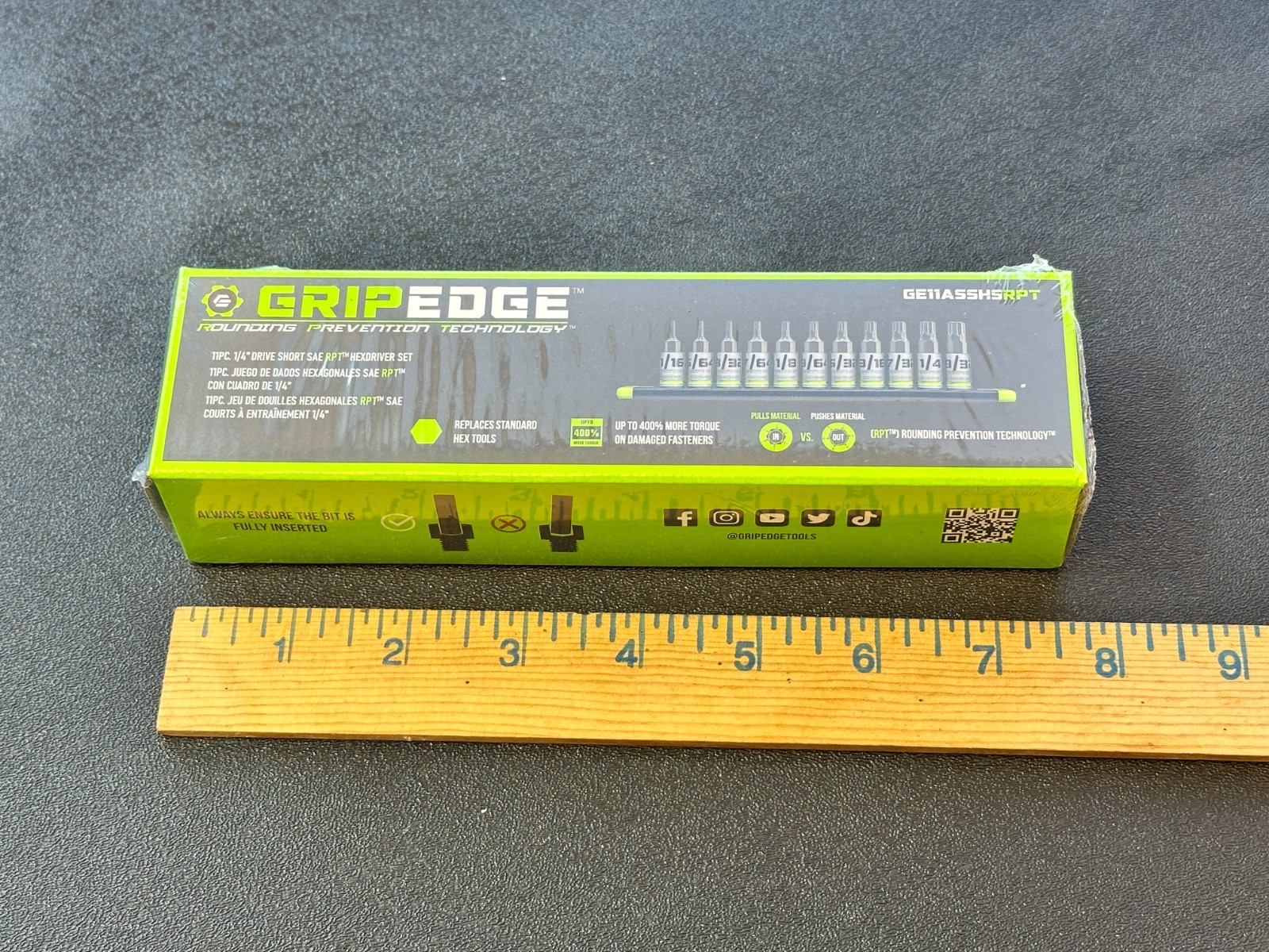 GripEdge GE11ASSHSRPT 11pc 1/4″ Dr. Short SAE RPT Hex Driver Set, 1/16″ – 9/32″