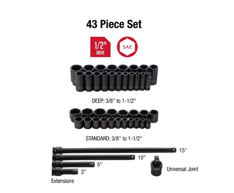 Sunex 2568 43pc Impact Socket Set 1/2in Drive SAE 3/8in to 1-1/2in New