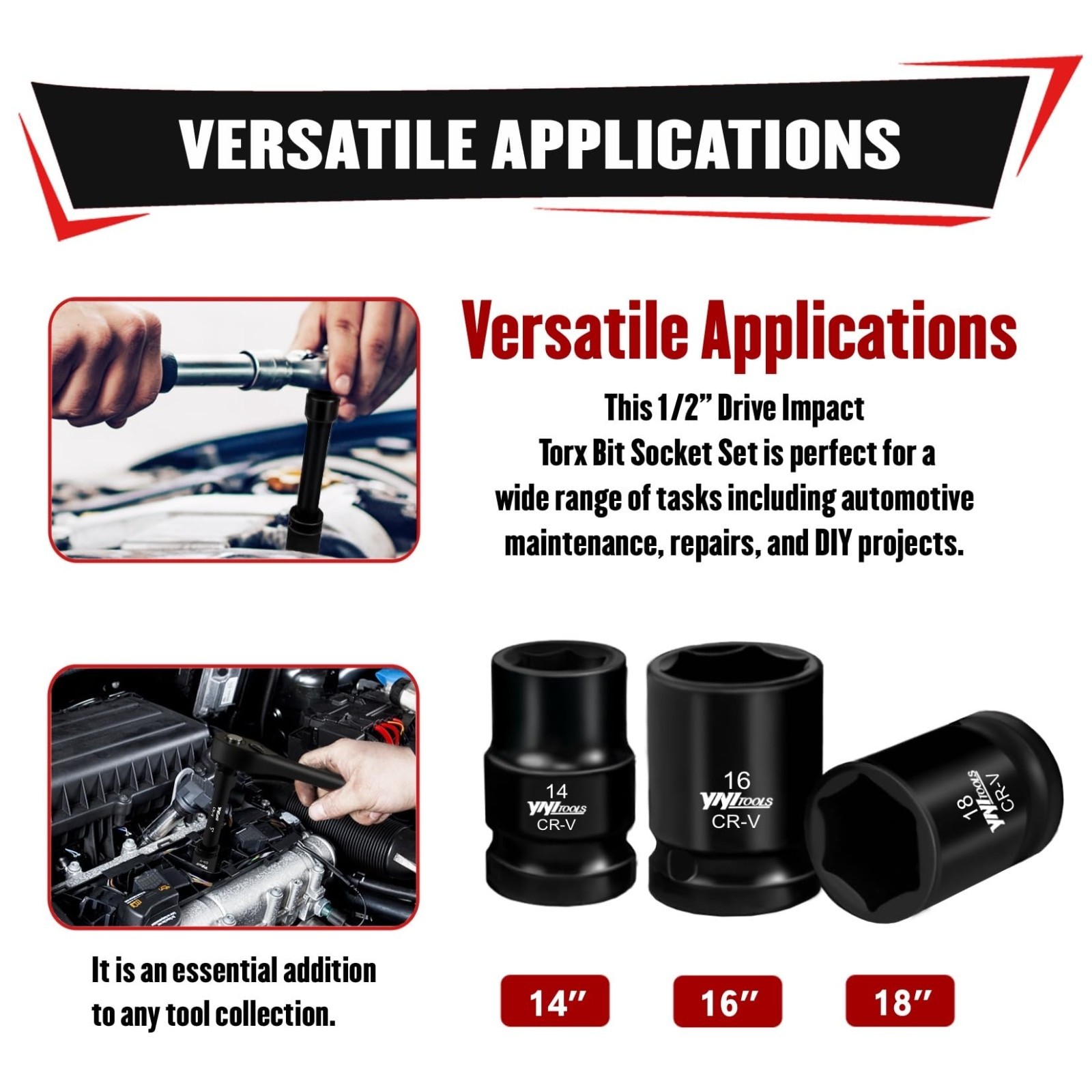 17Pcs 1/2″ Drive Shallow Impact Socket Set, Metric 6-Point CR-V Steel for Auto R