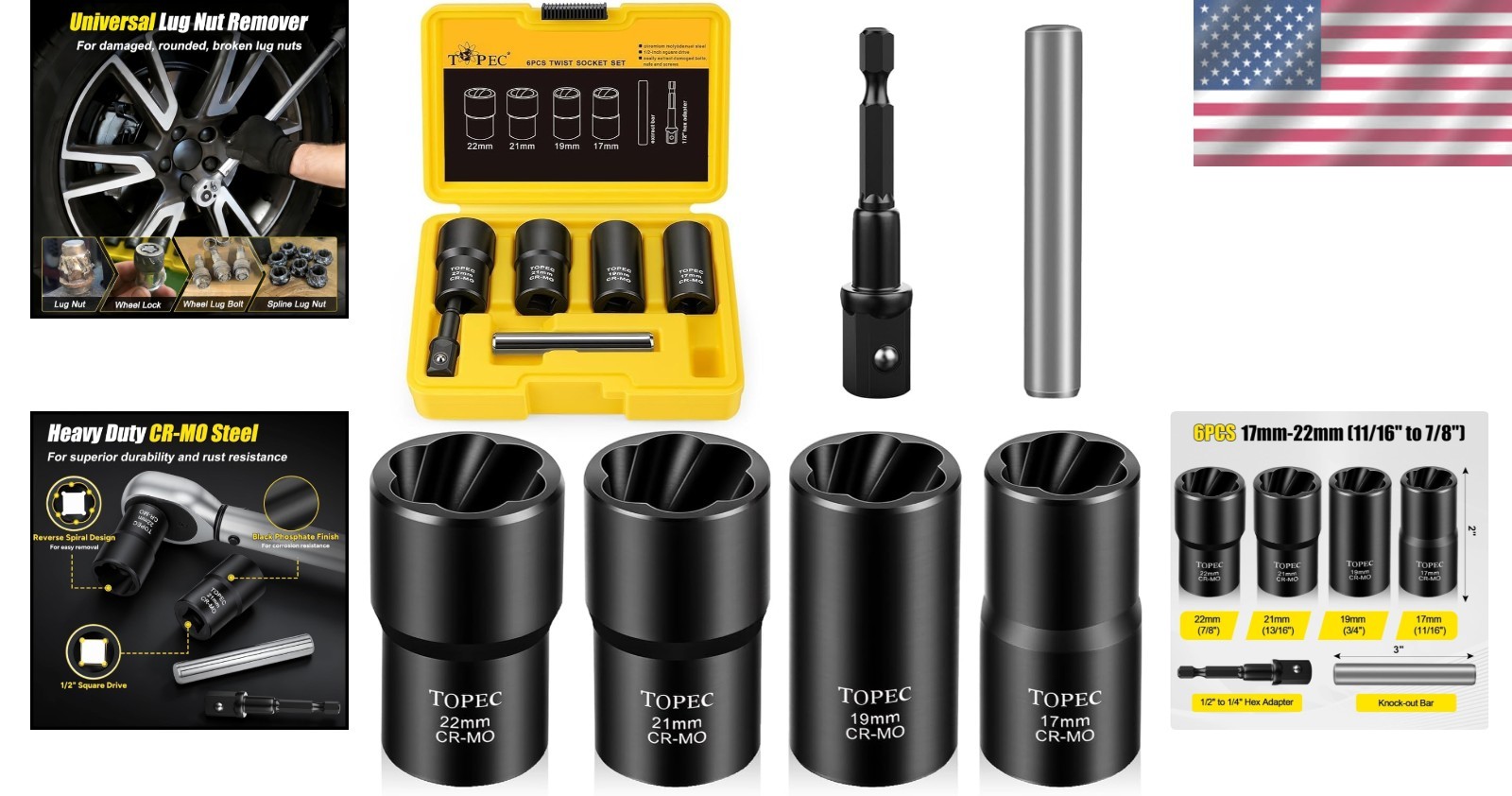 Versatile 6PCS Lug Nut Extractor Tool Set – For Easy Removal of Stubborn Nuts
