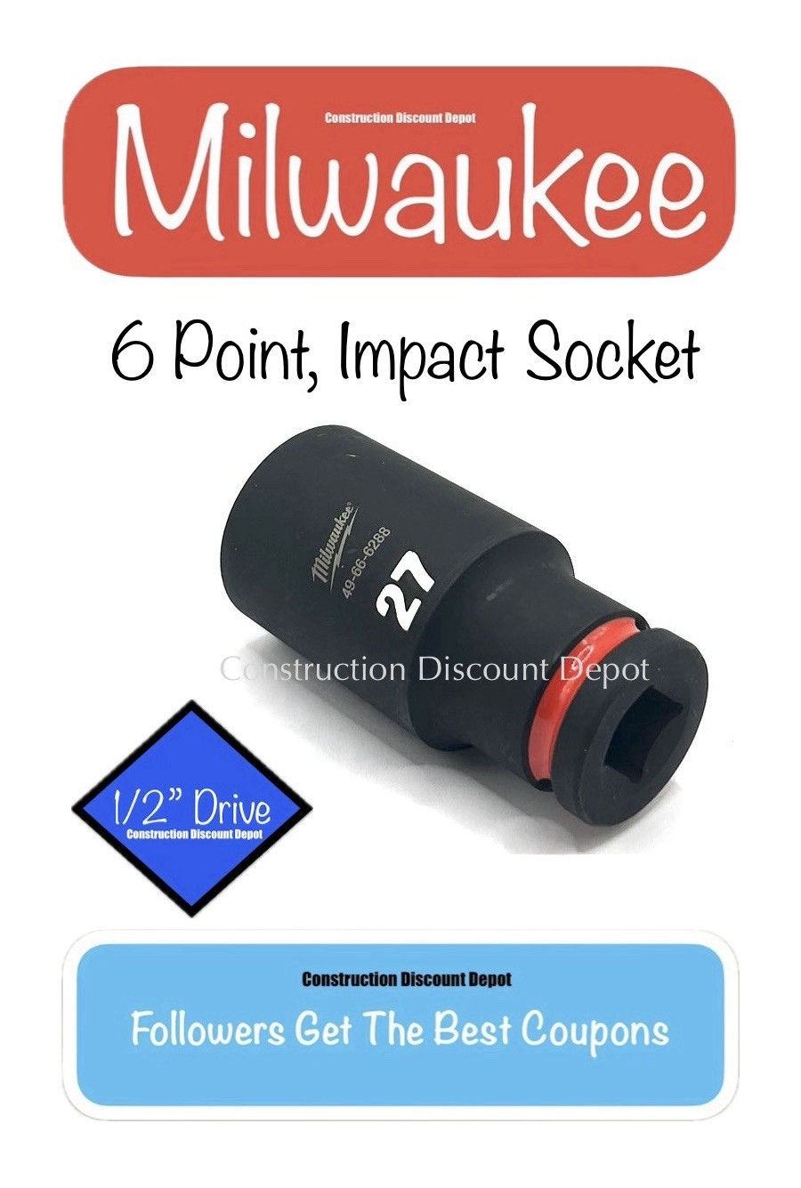 Milwaukee Tool SHOCKWAVE Impact Duty 1/2″Drive 27MM Deep 6 Point Socket 27 mm
