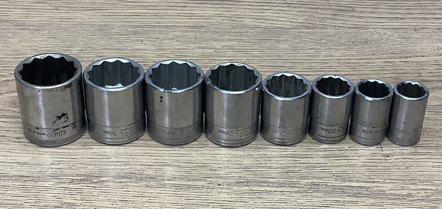 8 Britool Sockets EBM 32 30 29 28 24 20 18 16 MM Metric 12 Point 1/2″ Drive