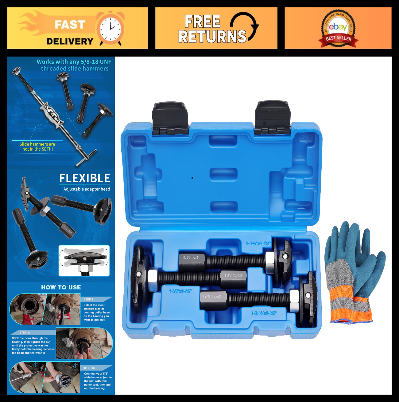 3PCS Rear Axle Bearing Puller Tool Set, Extractor & Slide Hammer Removal Kit