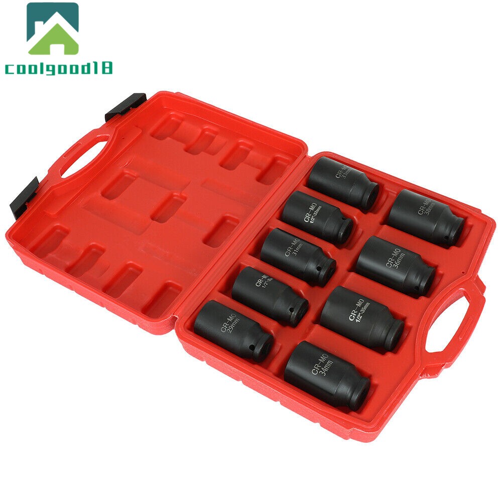 9Pcs 1/2″ Drive Metric Axle Hub Nut Socket Deep Impact Socket Tool Kit 29-38mm
