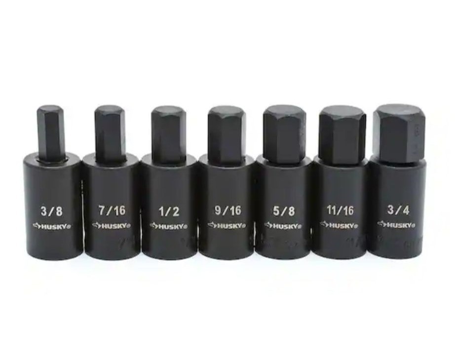 Husky 1/2 In. Drive Hex Bit Impact Socket Set SAE 7-Pieces with Rail 3/8 to 3/4