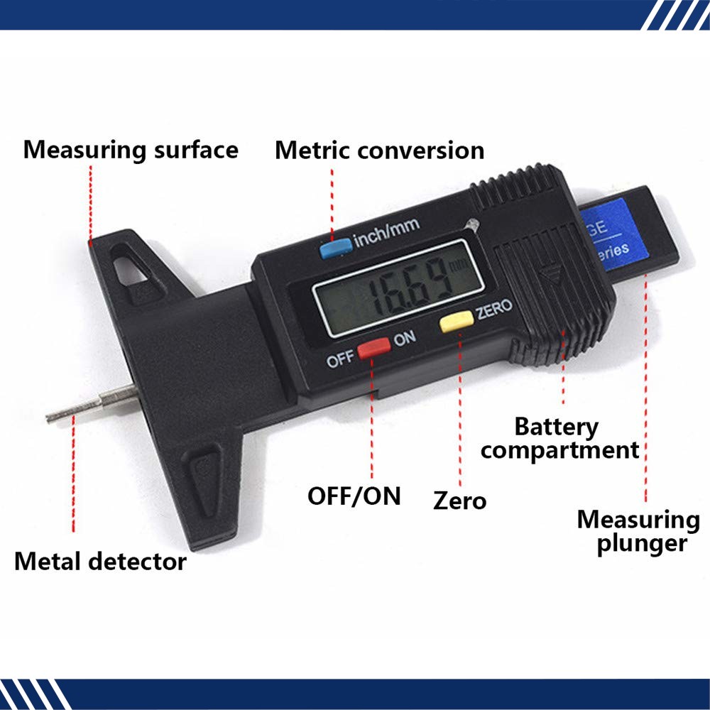 Digital Tyre Depth Gauge Tread Checker LCD Tool For Motorbike Car Van Bike BLACK