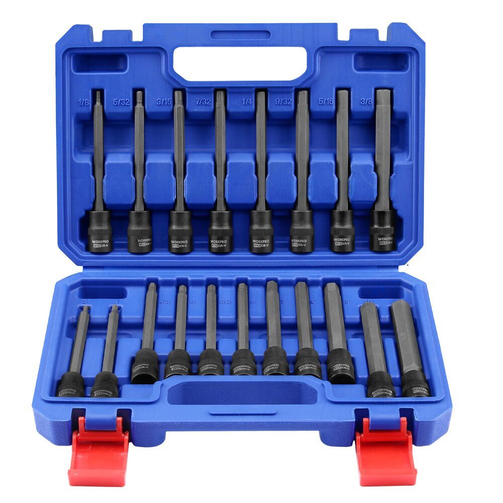 WORKPRO 19PCS 3/8″ Drive Extra Long Torx Hex Bit Socket Set Long Allen Star Bits