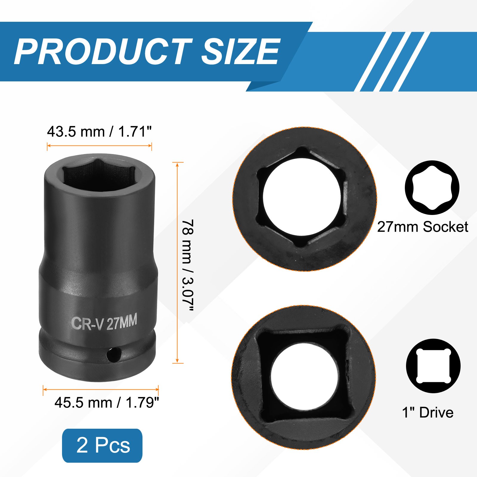 2pcs 1 Inch Drive 27mm 6 Point Impact Socket Chromium Vanadium Steel