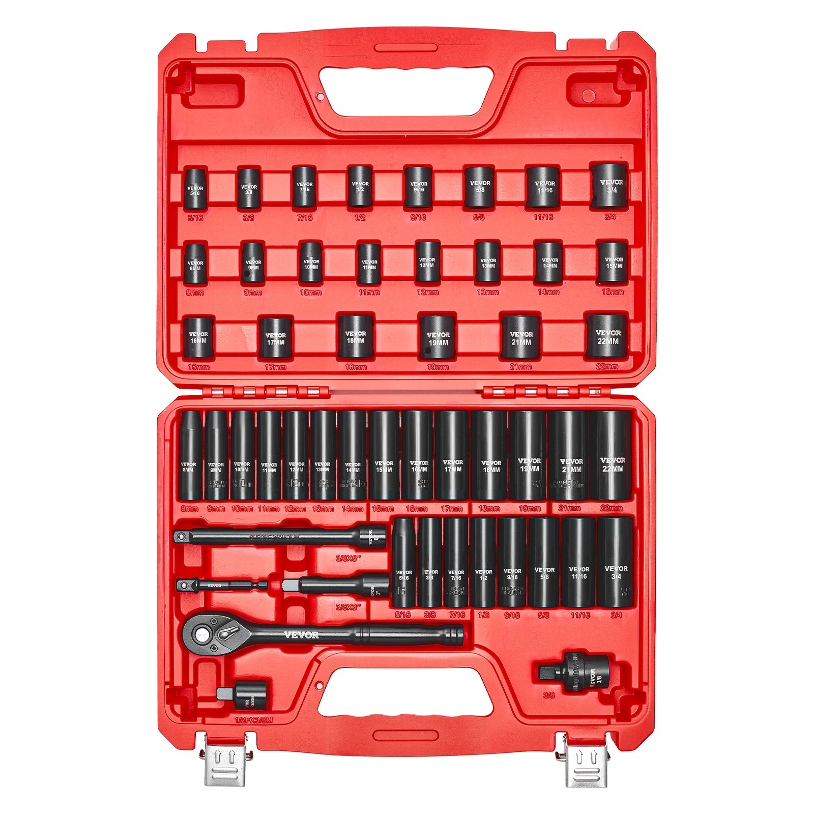 VEVOR 3/8 in Drive Impact Socket Set 50 Piece SAE 5/16 to 3/4 in Metric 8-22 mm