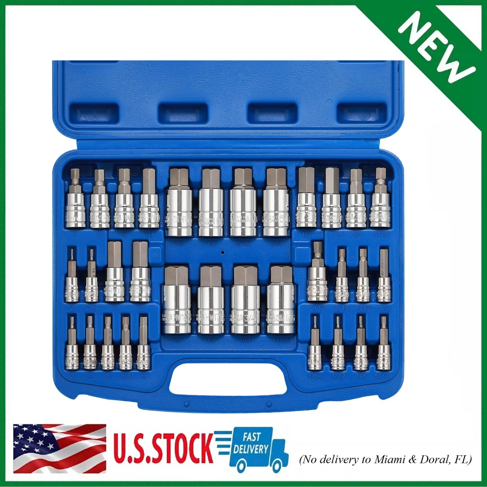 33PCS Hex Bit Socket Set, 1/4, 3/8 and 1/2 Drive, SAE and Metric Allen Socket