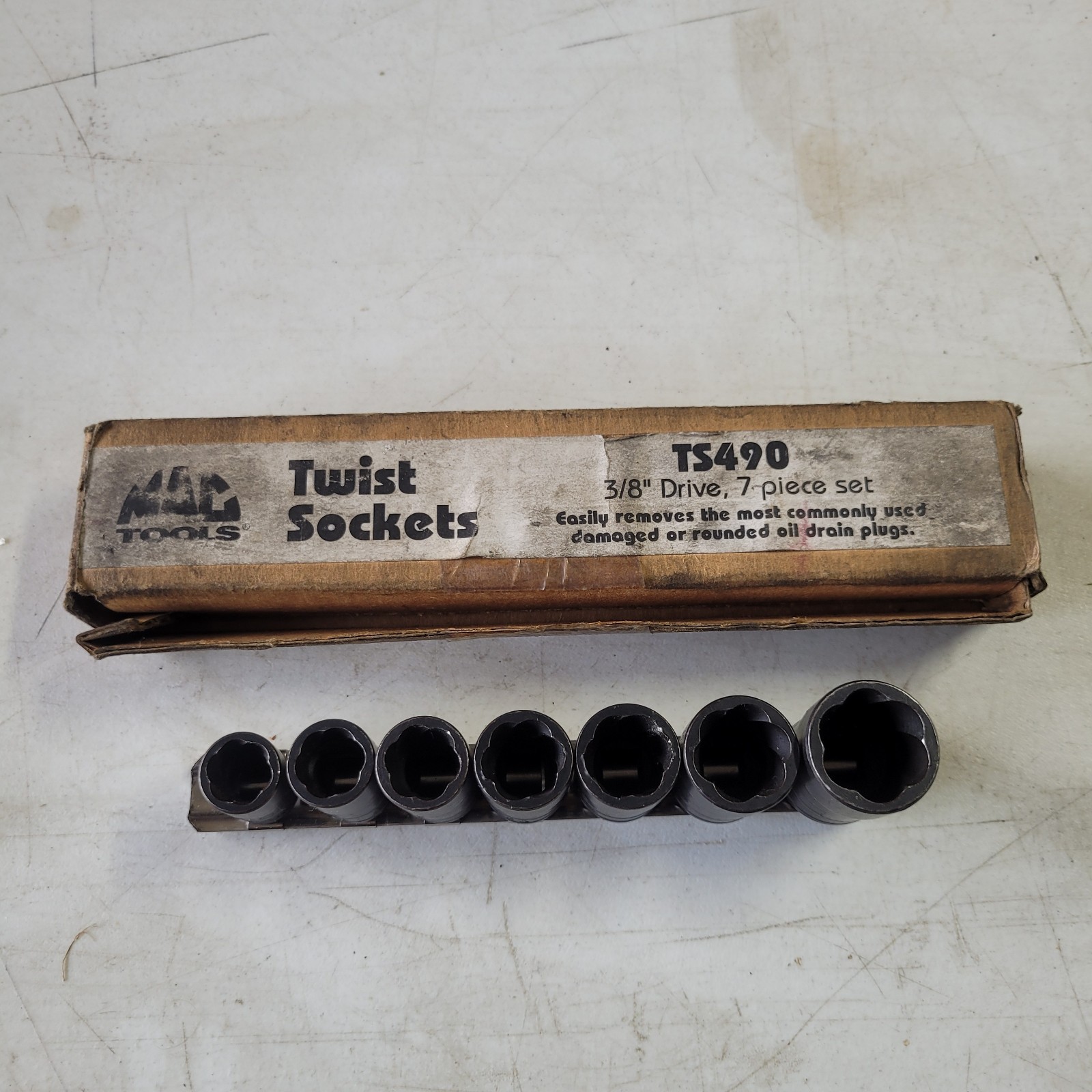 Vtg Mac Tools 7 Pc 3/8″ Drive Twist Socket Set 13-22mm Oil Drain Plug Tool TS490