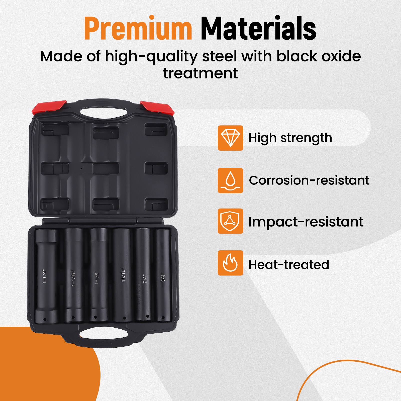 6* 1/2 Inch Drive Extended Length Impact Socket Set Heavy Duty W/ Storage Case