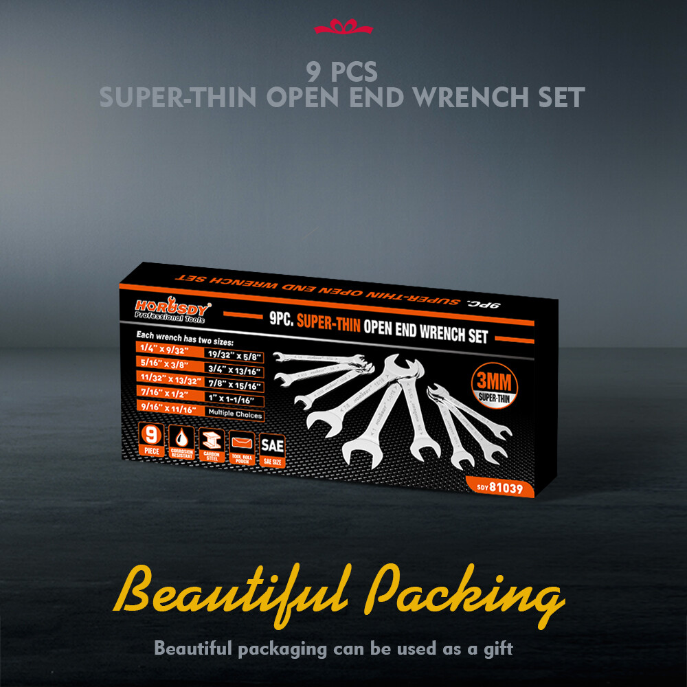9PC Super-Thin Open End Wrench Set SAE 1/4″ – 1/16″ Slim Spanner Rolling Pouch