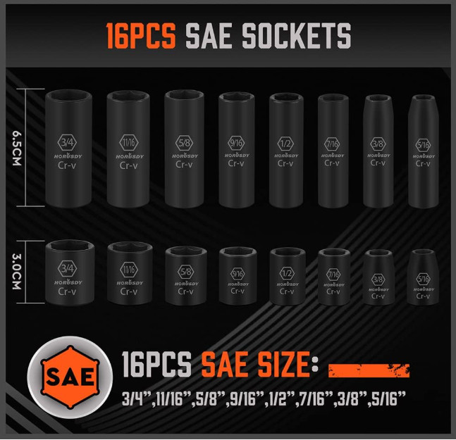 HORUSDY 3/8″ Drive Impact Socket Set, 50-Piece SAE/Metric 6-Point with Ratchet
