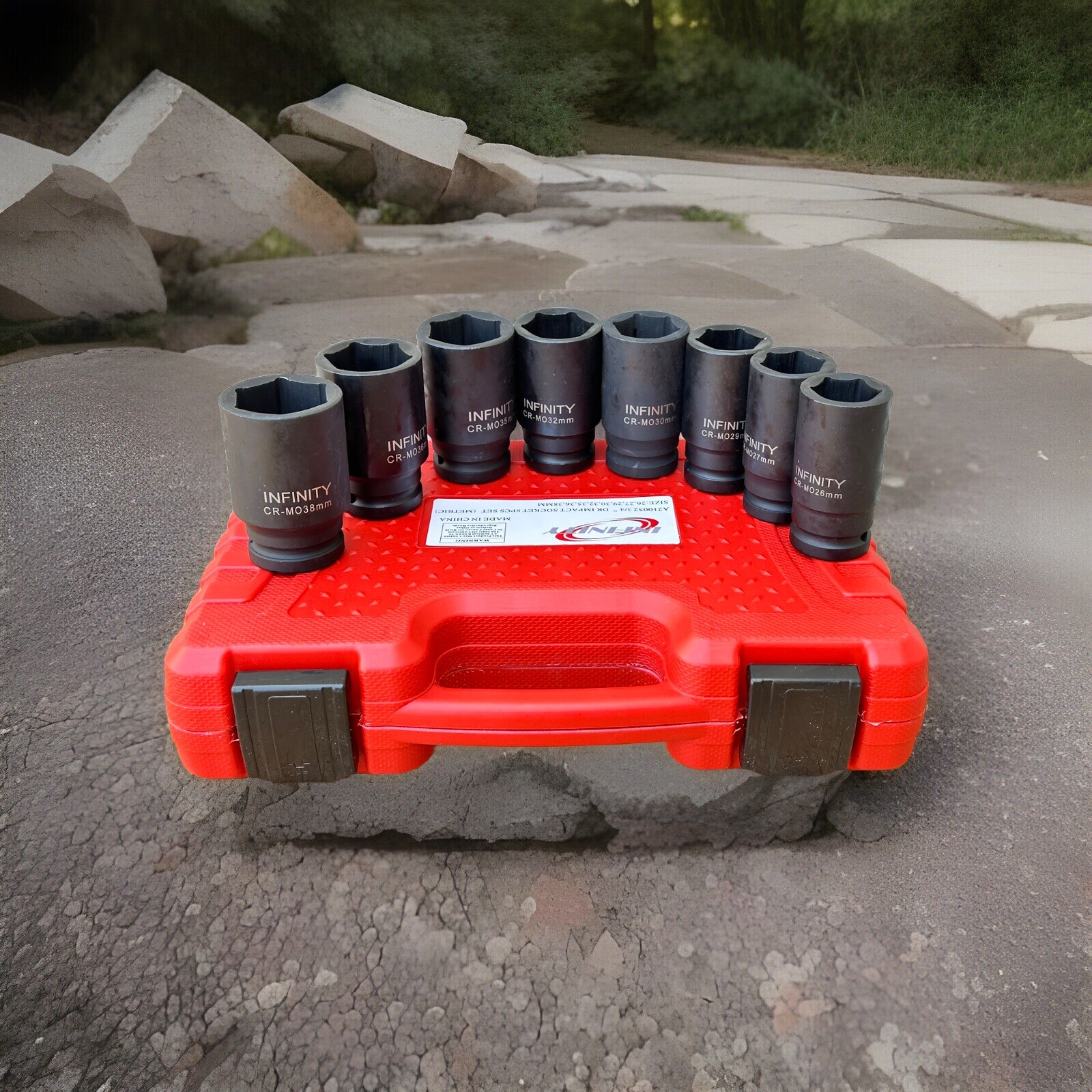 8pcs 3/4” Dr. Cr-MO Deep Impact Socket 6pt. Metric 26-38mm Lug Nut Removal