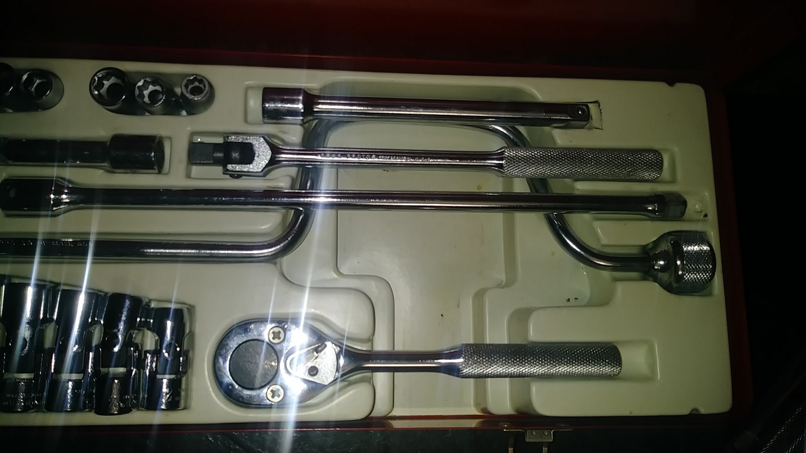 USA Proto 3/8dr 33pc 6&12pt Socket Set Shallow,Deep,Swivel Speeder EUC Metal Box