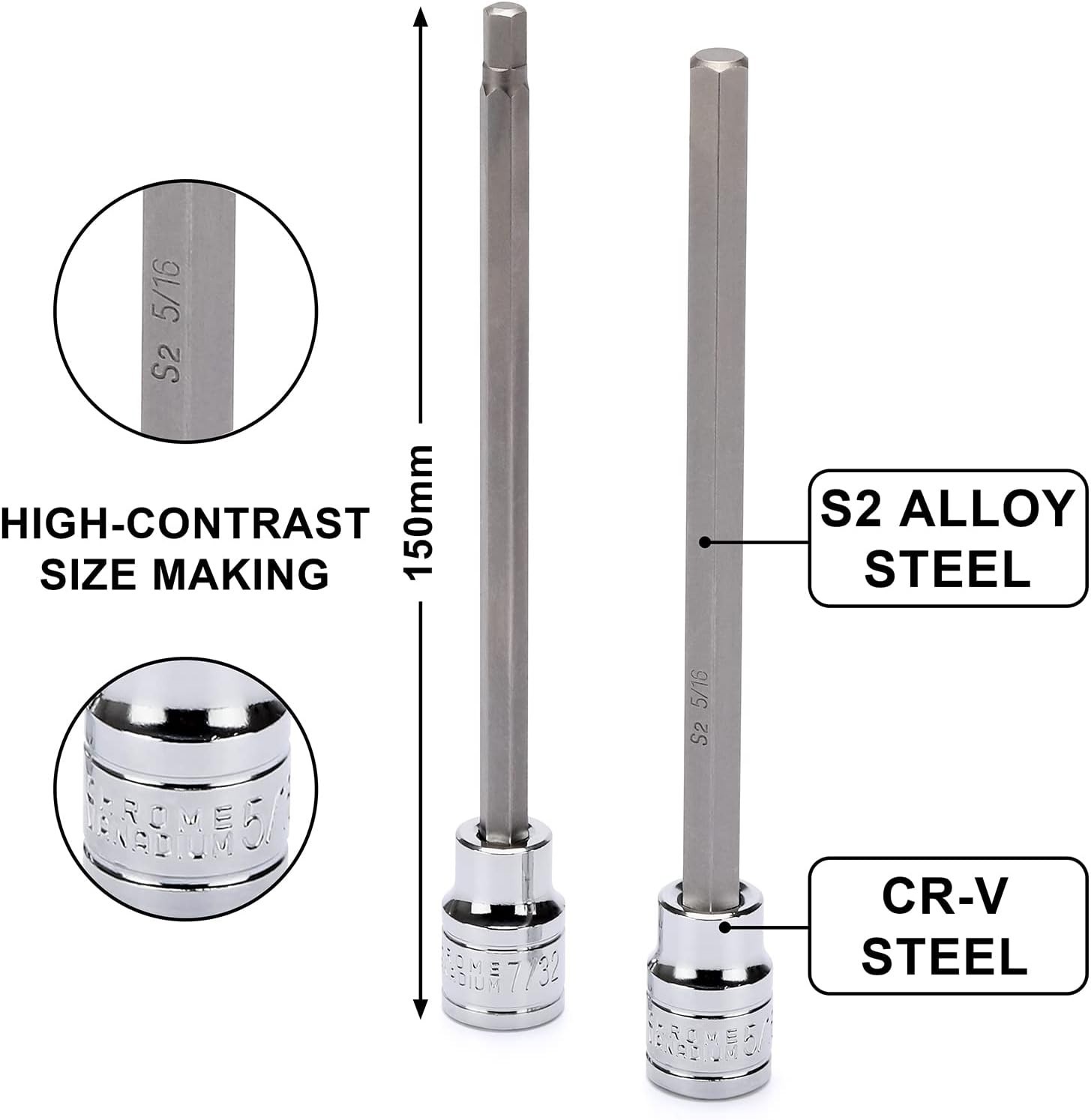 10PCS 3/8″ Drive Long Hex Bit Socket Set, CR-V, S2 Steel, SAE, Length 5.9-Inc…