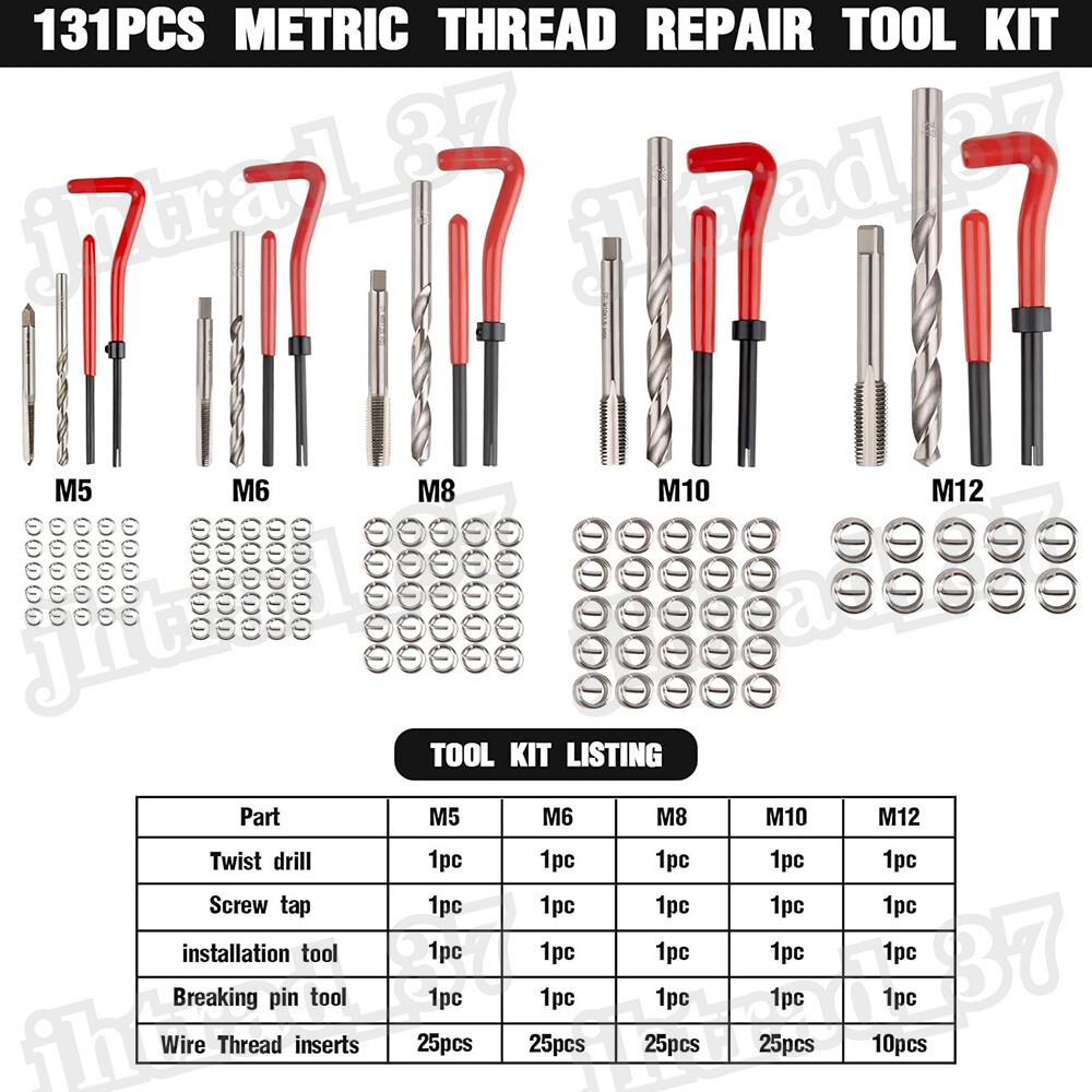 131pcs Metric Helicoil Thread Repair Kit HSS Drills Inserts Taps & Tools M5-M12