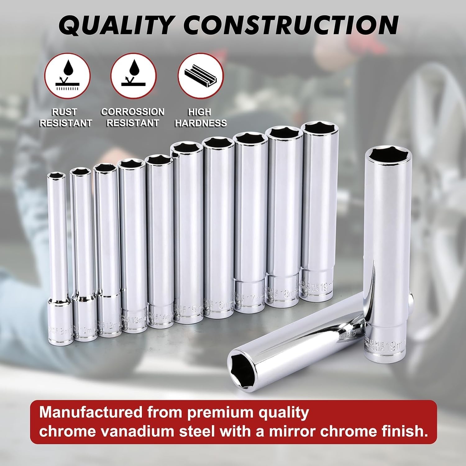 12-Piece Deep Socket Set 3/8 & 1/2 Inch Drive Chrome Vanadium with Case