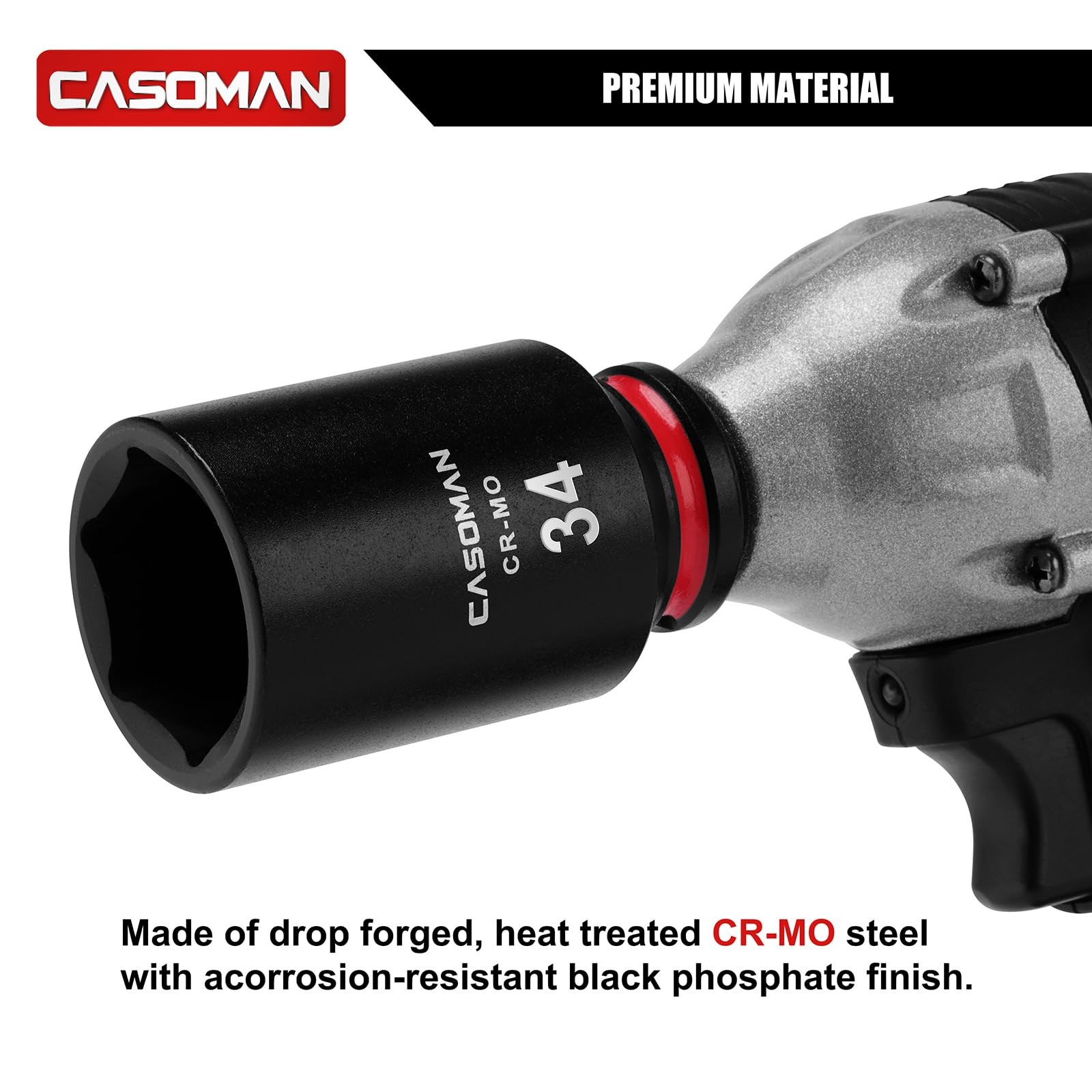 CASOMAN 1/2″ Drive x 34mm Deep Impact Socket, 6-Point, Metric, CR-MO